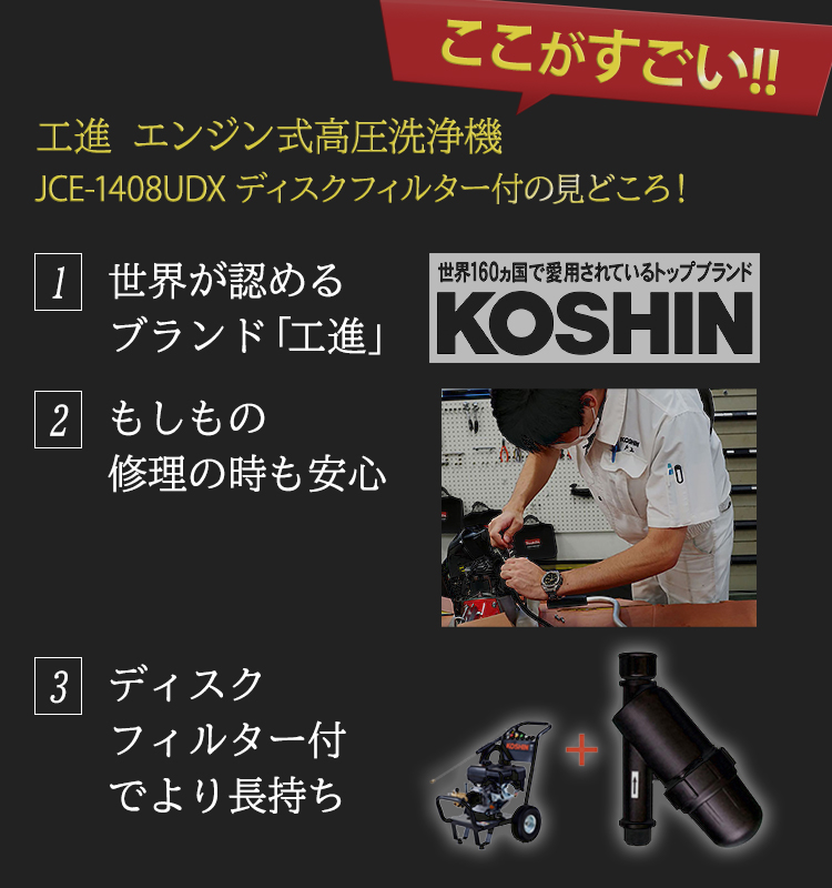 高圧洗浄機 エンジン 工進 JCE-1408UDX  ディスクフィルターPA-261付 KOSHIN 空冷エンジン式 高圧洗浄機 コーシン KOSHIN 洗浄