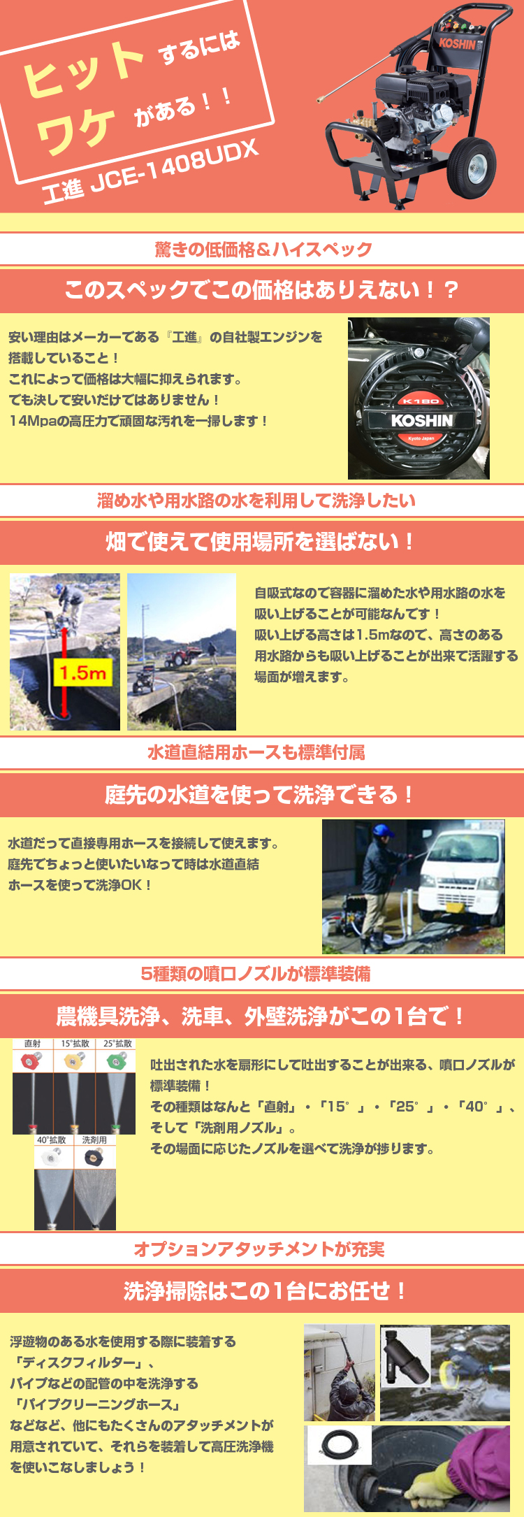 工進 高圧洗浄機 JCE-1408UDX （ディスクフィルター付） （吐出延長ホース40m付）- 農機具のアグリズ！